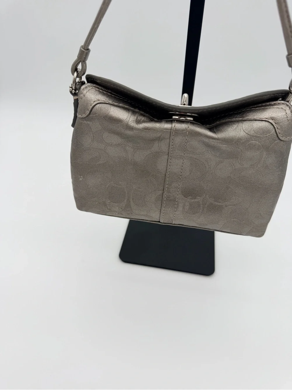 Coach Metallic Silver Shoulder Bag Silver Hardware Mini Demi Blue Turnlock CC